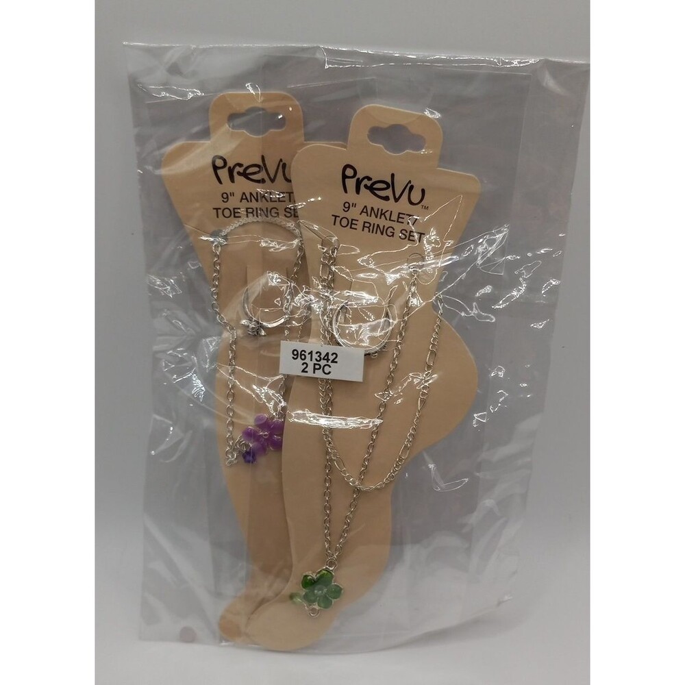 New Silver Tone Anklet & Toe Ring Set (Pack of 2) Prevu Purple and Green Flowers